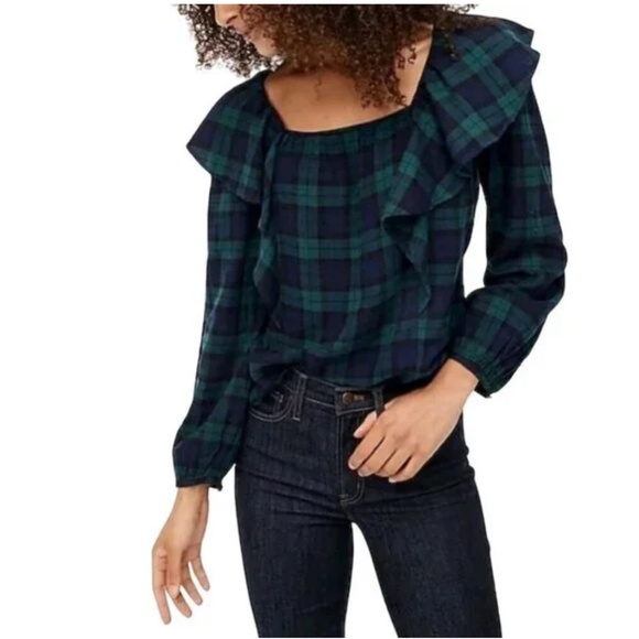 NWT J. Crew Square-Neck Black Watch Plaid Flannel Ruffle Top Size Small - Picture 8 of 8
